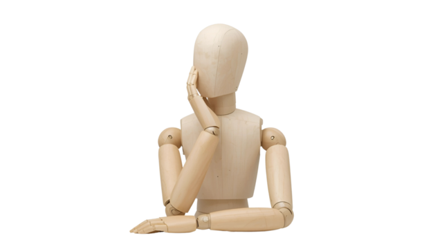 Wooden mannequin sitting and thinking isolated on transparent background in studio