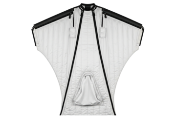 Professional white and black wingsuit for extreme air sports isolated on a transparent background