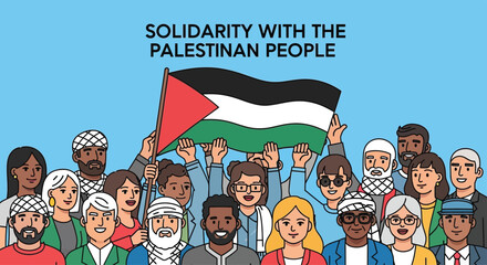 Flat vector poster of diverse people raising the Palestinian flag together, with a slogan &ldquo;Solidarity with the Palestinian People&rdquo; on a bright background