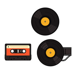 Retro Music Media Cassette Tape and Vinyl Records.