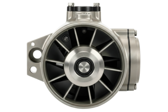 Industrial centrifugal water pump with a metal impeller isolated on a transparent background