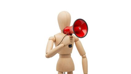 Wooden mannequin holding a red megaphone isolated on transparent background concept