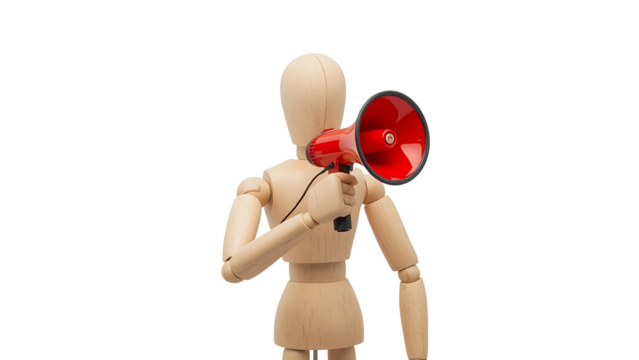 Wooden mannequin holding a red megaphone isolated on transparent background concept