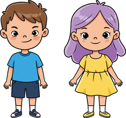 Cute cartoon boy and girl, standing together, colorful clothes, smiling faces, character illustration, isolated vector, kids design, cheerful pose