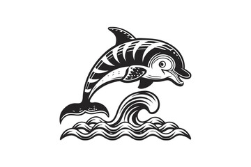 Vintage Dolphin Leaping Over Waves Art on White Background