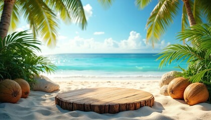 Obraz premium Wooden platform on sandy tropical beach with coconuts, palm trees. Turquoise ocean, blue sky create paradise backdrop. Perfect for summer vacation product displays, travel, relaxation themes.