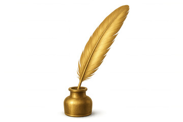Golden quill pen dipped in an inkwell, isolated on transparent background, representing luxury, writing, and creativity