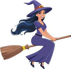 Vector illustration of a flying witch on broomstick, cartoon style, simple outlines