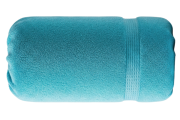 Soft blue fleece travel blanket rolled up for storage isolated on a transparent background