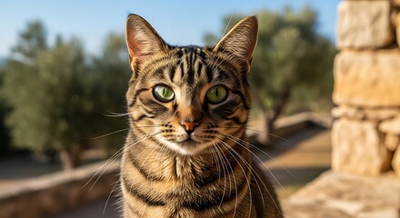 Striped Tabby Cat Outdoors in Sunny Day.
