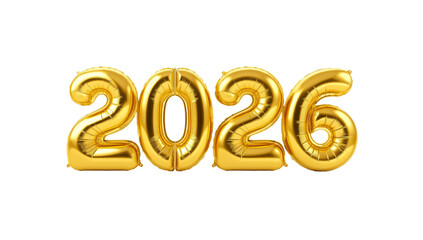 Golden 2026 Foil Balloon Numbers floating against a transparent backdrop with isolated elegance