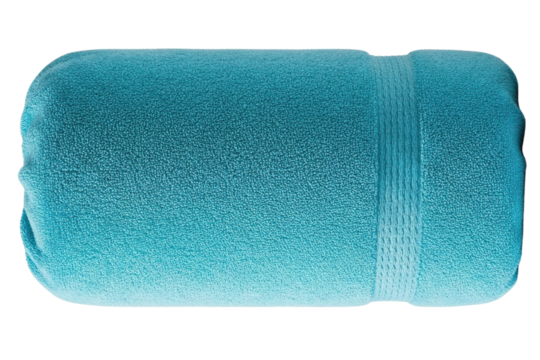 Soft blue fleece travel blanket rolled up for storage isolated on a transparent background