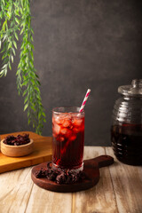 Hibiscus cooler. In Mexico, known as Agua de Jamaica, an infusion made from the hibiscus flower (Hibiscus sabdariffa), which is said to have multiple health benefits. It can be enjoyed hot or cold.