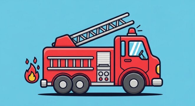 Red cartoon fire truck with ladder and flames on light blue backdrop - Powered by Adobe