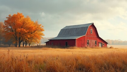 Obraz premium Rustic red barn stands weathered in golden autumn field. Bright orange foliage tree nearby. Peaceful rural landscape evoking countryside life, agriculture, harvest season, tranquil farm atmosphere.