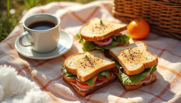 Family picnic featuring sandwiches and coffee on a blanket. A cozy outdoor setting with an orange and basket creates an aesthetic moment for food lovers. Sunlight enhances the warmth and togetherness.