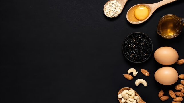 Cooking ingredients arranged on dark surface, perfect for recipe concepts, dietary themes, and appetizing visuals