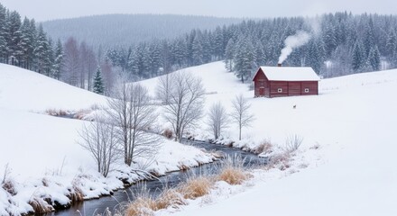 Naklejka premium Idyllic snowy landscape with red cottage and flowing stream during winter
