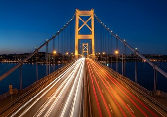 Dynamic motion blur of car lights on a modern suspension bridge at night