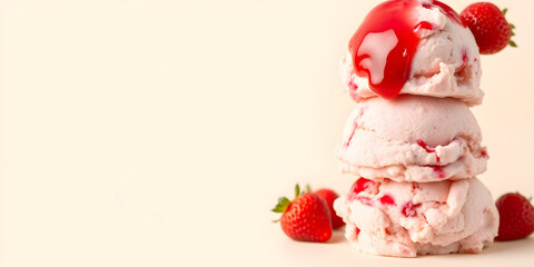 Stack of three scoops of strwberry ice cream with jelly isolated on beige empty background with space for text or inscriptions