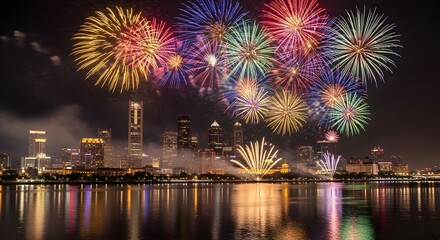 Obraz premium Vibrant Fireworks Display Illuminates City Skyline Over Water