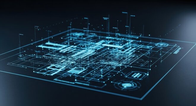 Holographic blue grid overlayed on a dark surface, showcasing complex, futuristic schematic visuals