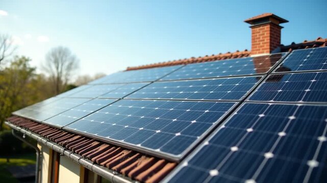 Time lapse of solar panels producing clean energy on a roof of a residential house.