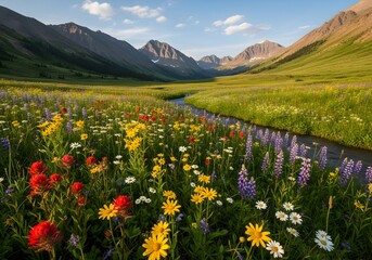 Fototapeta premium Colorful wildflowers bloom in a lush meadow with a flowing river