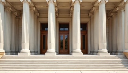 Fototapeta premium Row of white stone pillars, stairs leading to wooden doors. Classical building facade with intricate architectural details. Sunlight illuminates structure, creating shadows, highlighting its grandeur.