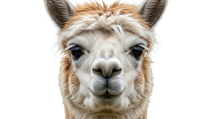Close up portrait of a cute fluffy alpaca head on a white background.