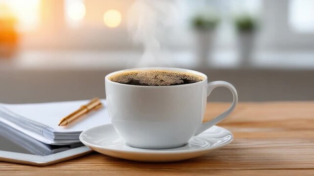 Morning Brew: A steaming cup of aromatic coffee sits serenely on a wooden surface, inviting a moment of pause amidst the day's hustle. Alongside, a notebook and pen await.