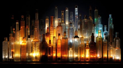 Illuminated Glass Bottles Cityscape Art Installation with Warm and Cool Lighting
