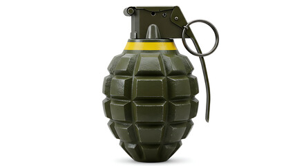 Fototapeta premium A single, olive-green fragmentation grenade with a yellow stripe, shown on a white background.