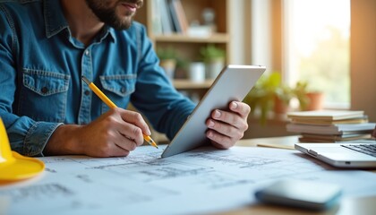 Construction pro uses tablet for project planning alongside blueprints, paperwork. Engineer analyzes architectural design on digital device at modern office workspace. Man works with technology,