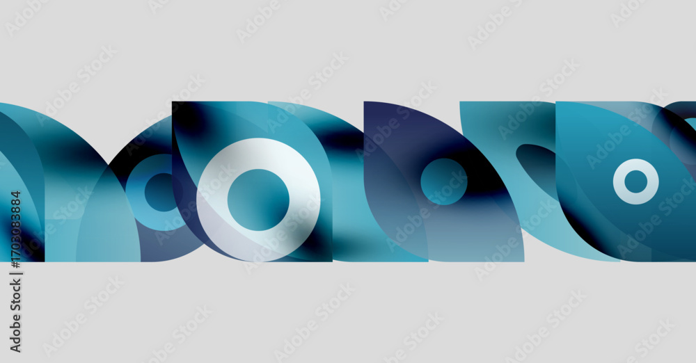Poster abstract design features overlapping curved shapes, blue hues, white accents. modern, dynamic compos