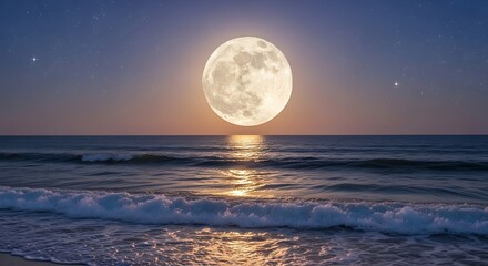 Obraz premium Brilliant full supermoon rising over a calm ocean at twilight.