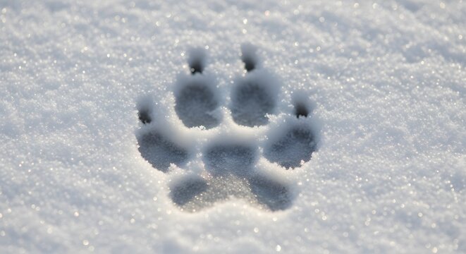 Canine footprint track imprinted in a cold, snowy landscape