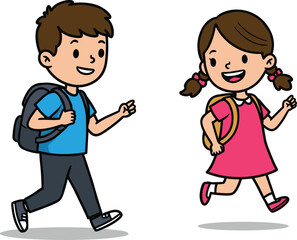 Happy cartoon kids walking to school, boy and girl illustration, backpack children, school students vector, education, learning, cute drawing