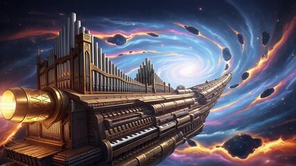 Ornate pipe organ spaceship navigating a swirling cosmic nebula with asteroids - Powered by Adobe