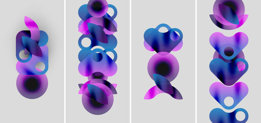 Abstract shapes, vibrant purple hues, layered forms. Minimalist design, modern aesthetic, soft gradients present. Four panels display similar compositions.