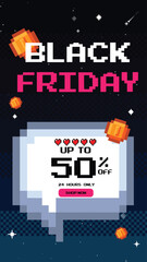 Black Friday Sale 50% discount pixel art design. Price tag on starry sky. pixel art design