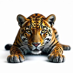 Obraz premium Realistic jaguar head front view, isolated on transparent white background. Fierce predator with yellow eyes, spotted fur, poised to strike. Ideal for wildlife themes, safari decor, graphic design