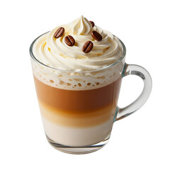 Latte with whipped cream and coffee beans, isolated on transparent background
