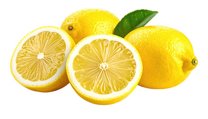 Three whole and halved lemons, vibrant yellow, with green leaves