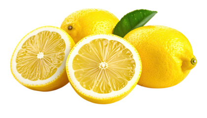 Three whole and halved lemons, vibrant yellow, with green leaves