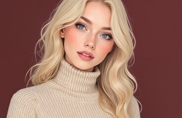 Naklejka premium Portrait of young woman with blonde wavy hair wearing beige turtleneck sweater. Striking blue eyes, confident expression. Illustration highlights elegance, feminine style, modern casual attire. Soft