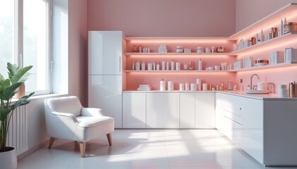 Modern cosmetology cabinet bright, clean featuring white furniture shelves stocked with skincare products. Aesthetic medicine salon interior with pink accent lighting. Comfortable armchair, large