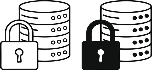Data Protected Icons. Black and White Vector Illustration. Padlock and Database. Information Safely Stored, Safe from Unauthorized Access, Loss, or Disclosure. Password and Data Security Concept

