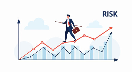 A businessman carefully walks a tightrope above a rising graph, symbolizing calculated risk and upward financial growth.