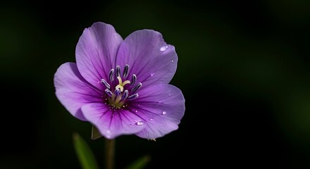 Close-up of a vibrant purple flower with delicate petals and water droplets.